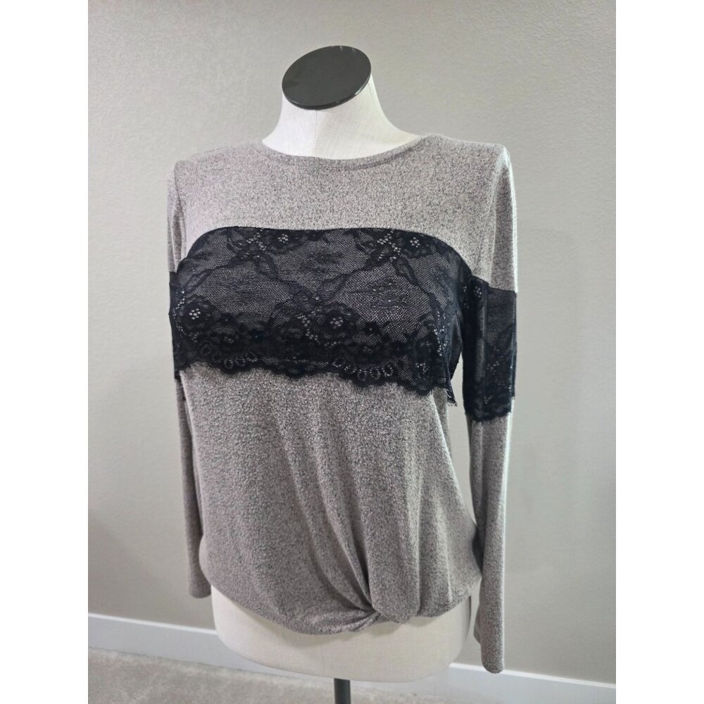 Gray Long Sleeve Top With Black Lace Accent By Maurices